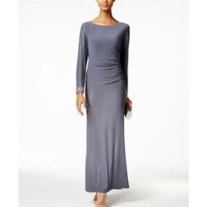 Alex Evenings Glittery Dark Gray Ruched Side floor Lengh Gown W/jeweled cuffs 8